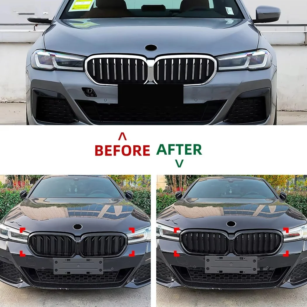 BMW 5 시리즈 G30 G31 F90 LCI 530i 540i 2021-2023용 리얼 드라이 카본 파이버 자동차 그릴, 듀얼 슬랫 글로시 블랙 프론트 범퍼 그릴
