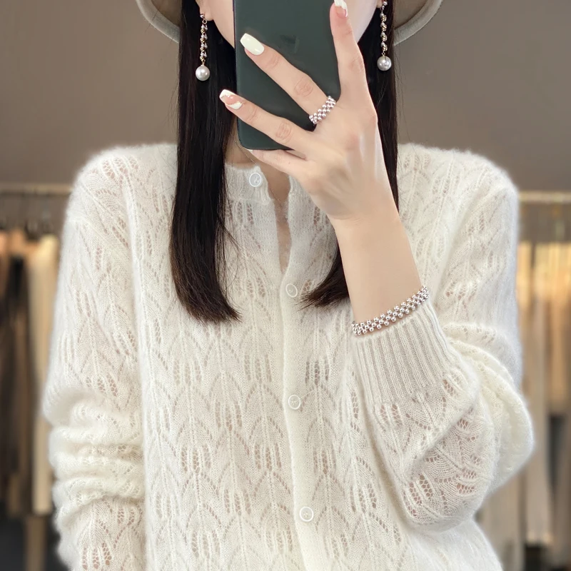 라운드 넥 100% 메리노 울 카디건 봄 가을 새로운 속이 빈 패션 긴팔 솔리드 컬러 니트 카디건 스웨터 탑