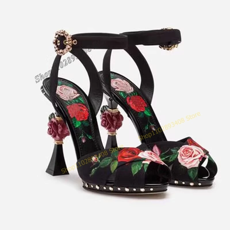 

Black Flower Print Rose Decor Sandals Strange Style Peep Toe Buckle Strap Designer Women Shoes 2023 Fashion Zapatos Para Mujere