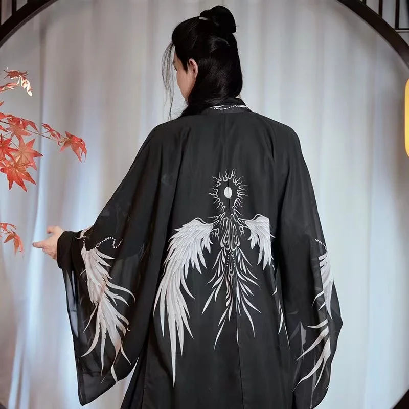 

Китайский иммортный мужской костюм Hanfu Weijin с перекрестным воротником длиной талии традиционный костюм шифоновое платье с вышивкой и принтом