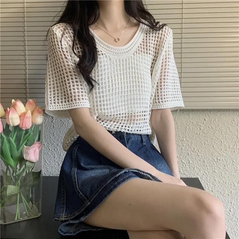 Sommerliches, dünnes, ausgehöhltes Kurzarm-Sweatshirt für Damen – Nischen-Loose-Fit-Oberteil im klassischen Stil, vielseitig kombinierbar, modisch – Detail 10