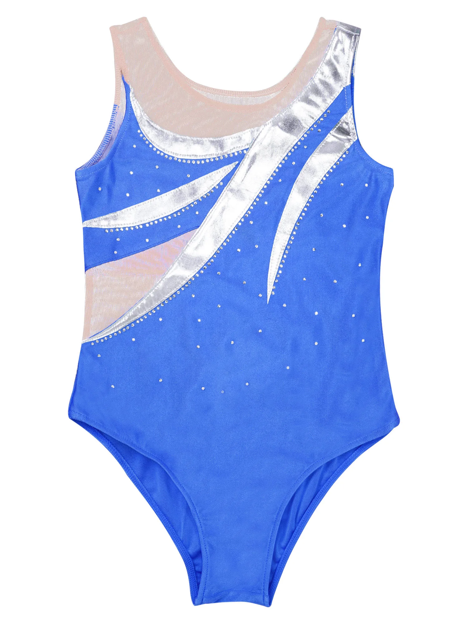 Kids Girls Stylish Clothing Round Neckline Patchwork Style Shiny Rhinestone Bronzing Cloth Gymnastic Skating Dance Leotards
