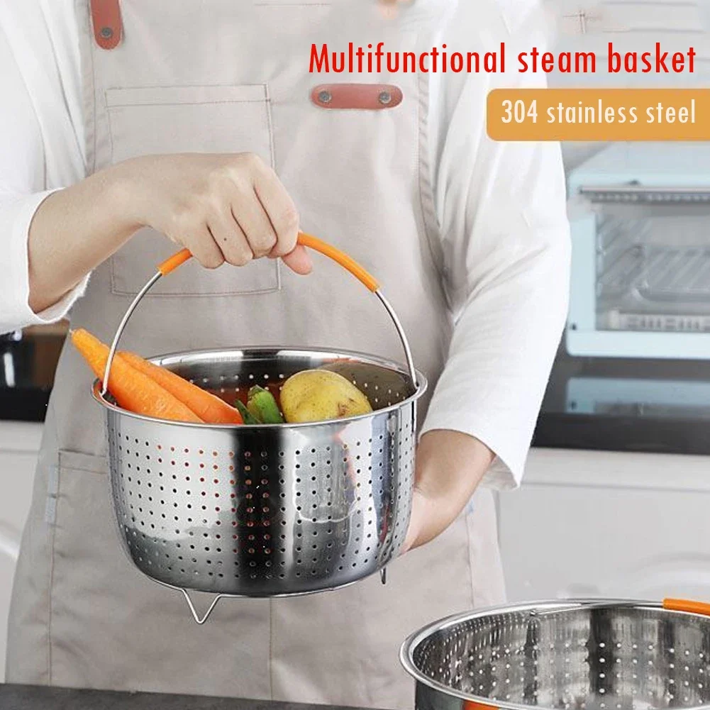 

304 Stainless Steel Rice Cooker Steamer Silicone Handle Anti-Hot Drain Steamer Basket Household Stainless Steel Steamer 3/6/8L