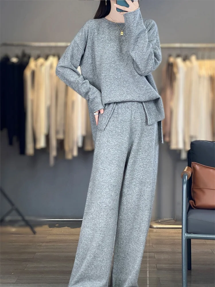 Women's matching set 100% Merino wool round neck sweater elastic waist pants two-piece set knitted casual loose women's clothing 5