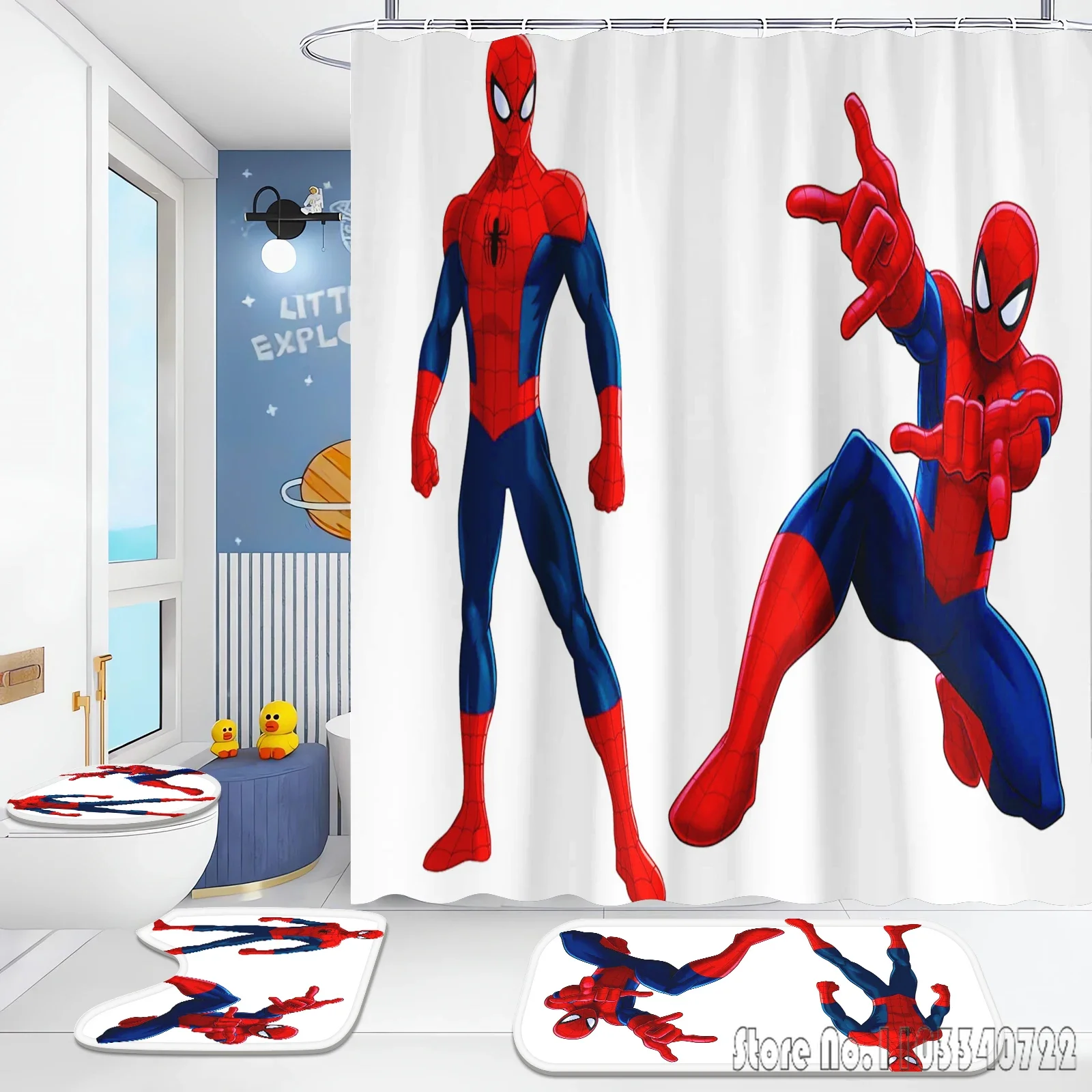 Boys Spider Man Anime Bath Shower Curtain Set 4pcs with Hooks Waterproof Bathroom Toilet Mat Lid Decor 5