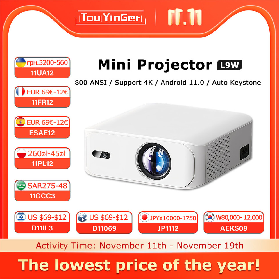 Touyinger L9 portable Projector Full HD 800 ANSI Lumens Short Throw 4K Decode Android Smart TV Video Home Theater Mini Beam