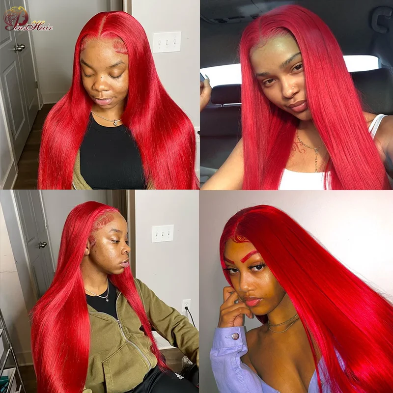 레드 13X6 레이스 프론트 인모 가발, 프리 플러킹된 13X4 스트레이트 투명 레이스 프론탈 가발, 버건디 99J 레이스 프론트 가발 (여성용)