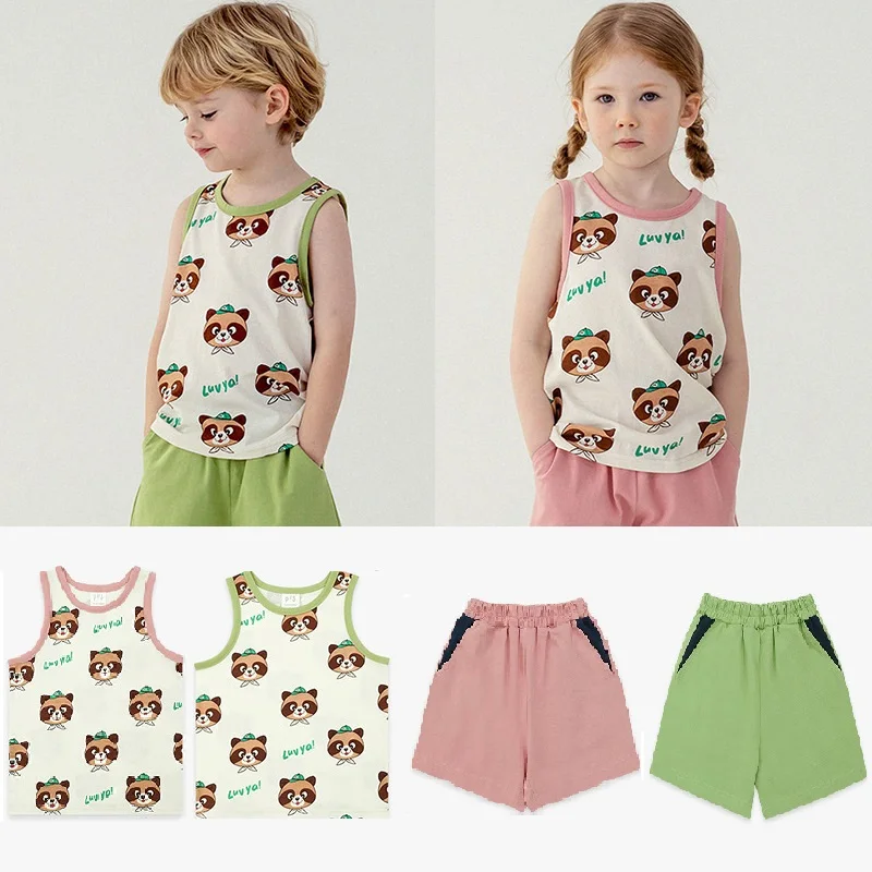 

2023 Korean Baby Short Sleeve Tee Shirt Cute Children T-shirt Vest Casual Shorts Summer Girl Dress Kids Boy Cartoon Set Clothes