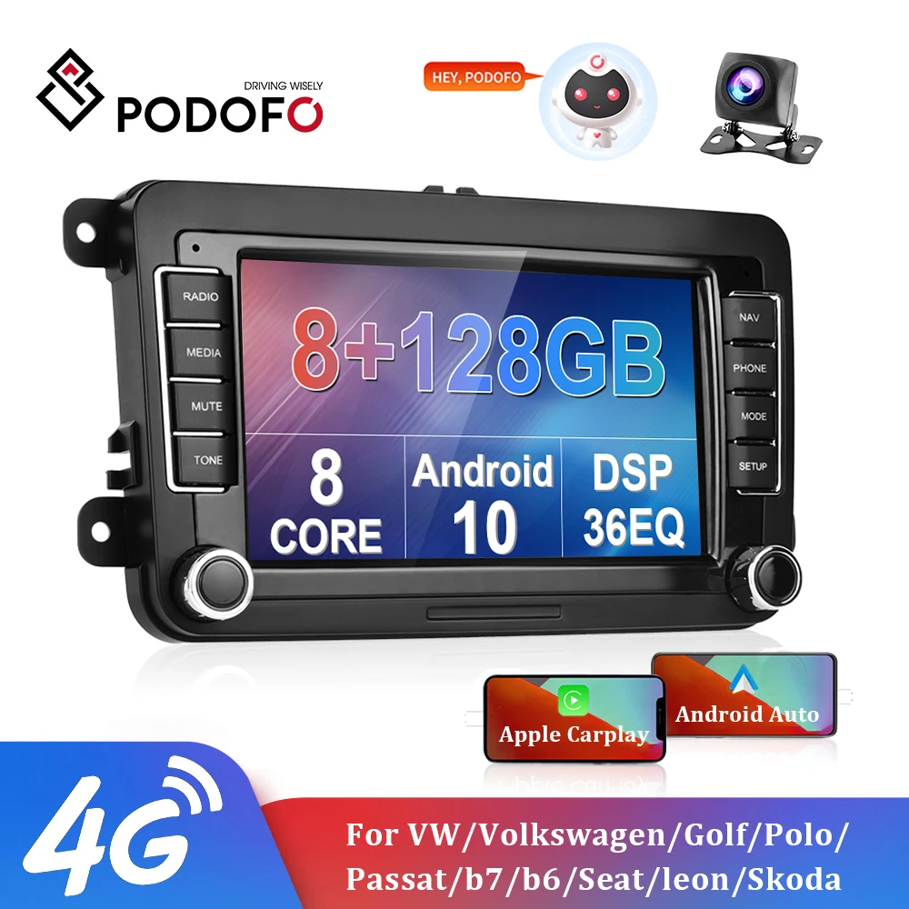 Podofo автомобильное радио Android 10 7 дюймов 2 Din для VW/Volkswagen/PASSAT/GOLF/POLO/Skoda/Seat 8 + 128G ядер Qled