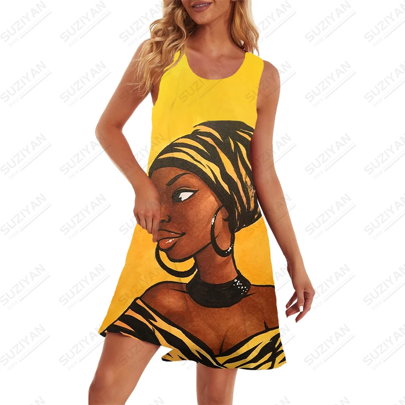 

2023 Summer Ladies Loose Lazy Dress African Girls Print Dress Everyday Casual Plus-size Round Neck Sleeveless Dress