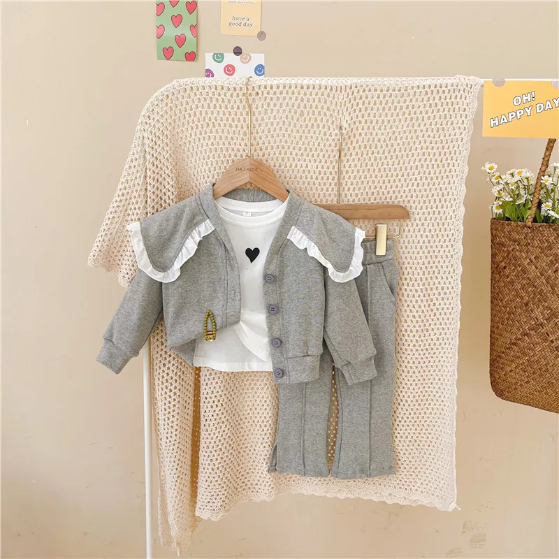 

2023 New Children Clothing Sets Baby Girls Ruffles Turn-Down Collar Cardigan Coat+Flared Pants 2Pcs Spring Fashion Kids Suits