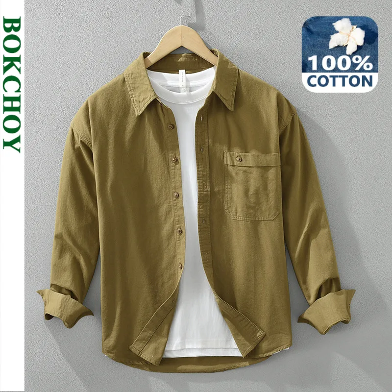 

2024 Spring New Vintage Cargo Long Sleeve Shirts for Men Clothing 100% Cotton Casual Solid Color Turn-down Collar Soft CM6920