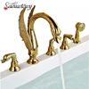 Golden Swan Bathtub Faucet Widespread Tub Mixer Tap Deck Mounted 3 Handle Swan Bath Shower Set with Pull Out Handshower Head 1