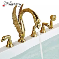 Golden Swan Bathtub Faucet Widespread Tub Mixer Tap Deck Mounted 3 Handle Swan Bath Shower Set with Pull Out Handshower Head 1