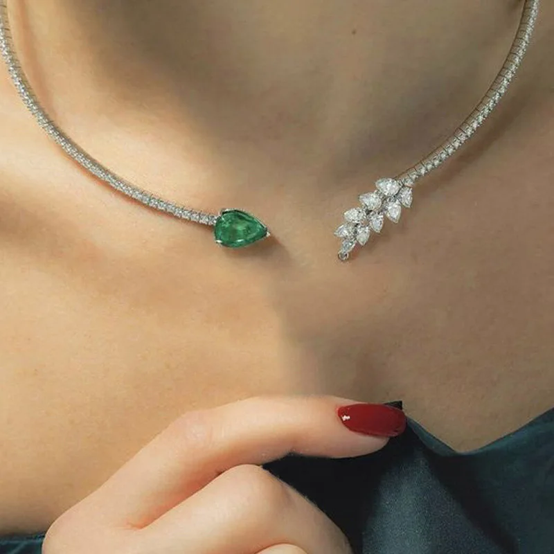 Stonefans Simple Green Crystal Rhinestone Collar Jewelry for Women Bridal Leaf Shape Open Necklace Choker Wediing Collar Chain