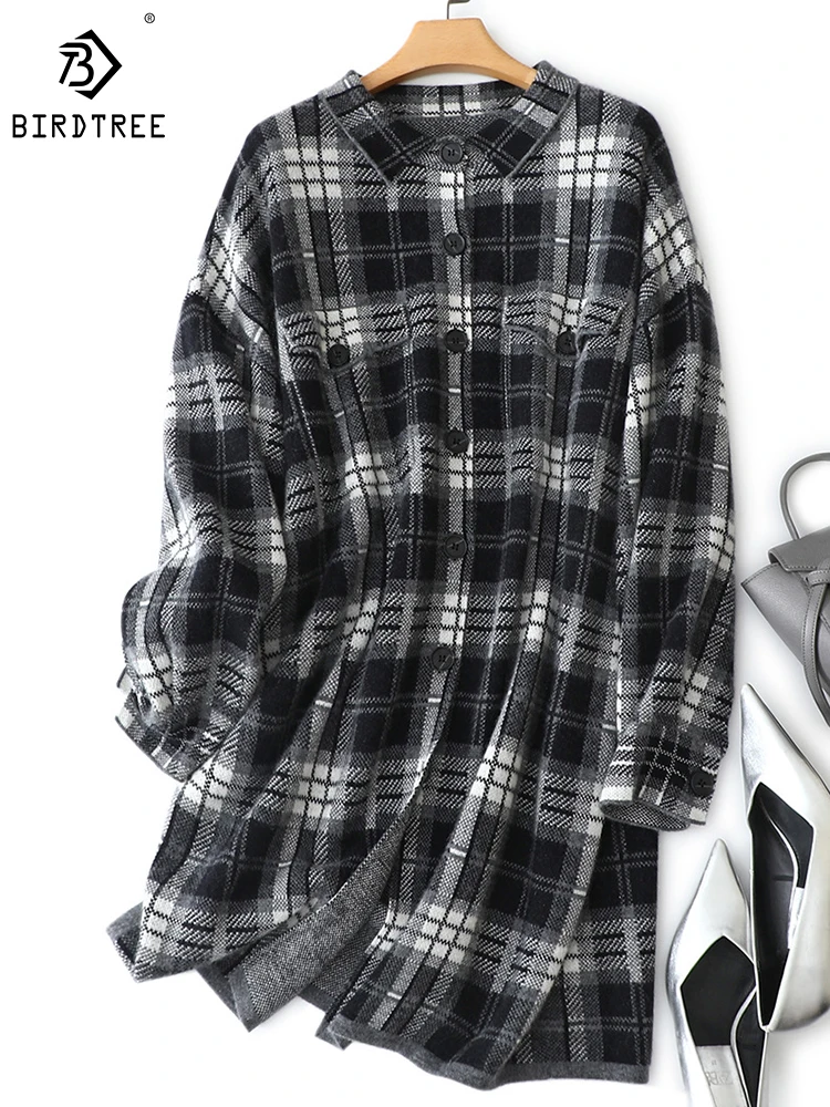 

Birdtree 100% Cashmere Coat Plaid Long Sleeves Casual Versatile Commute Warm Mid-length Loose Coat Autumn New Women C39555QD