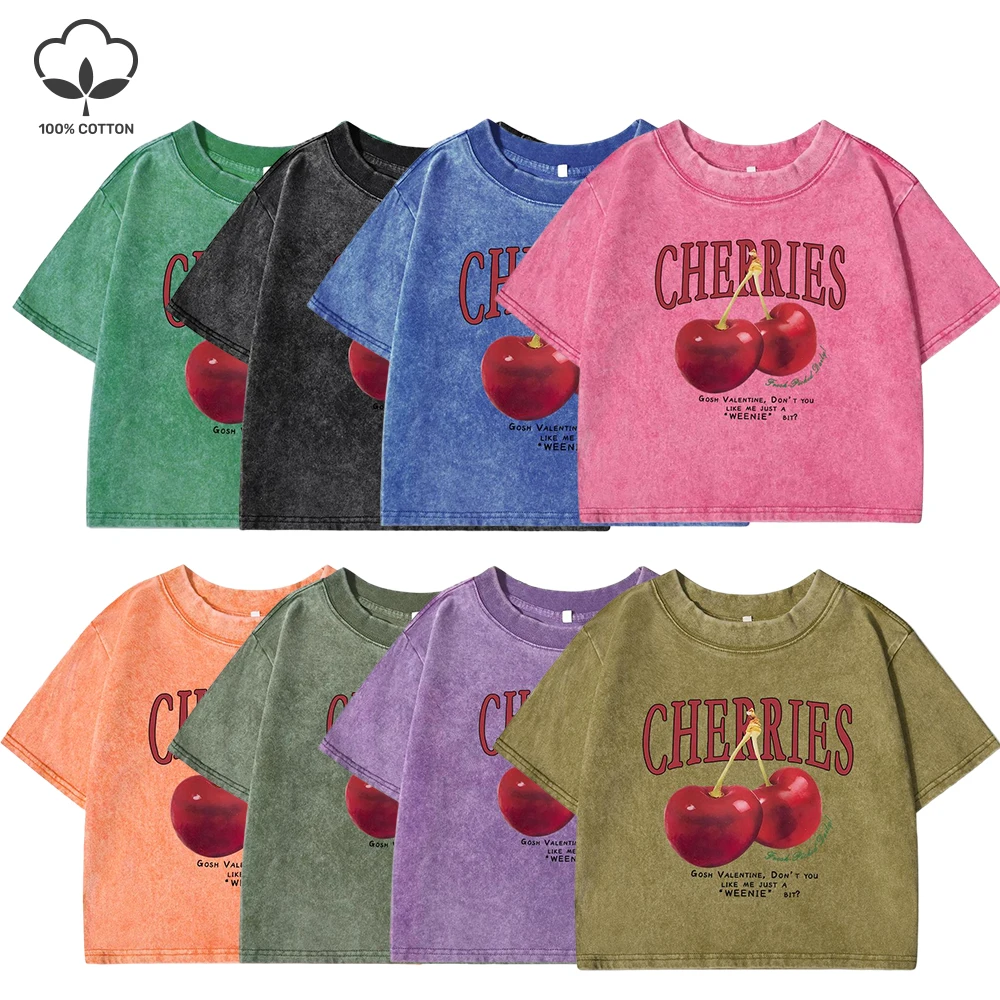 Camiseta femenina con estampado de letras de cerezas rojas, ropa lavada de verano a la moda, Top corto informal de algodón, camisetas Retro para mujer