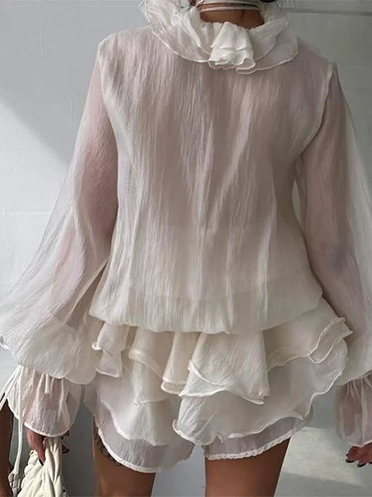 Elegant 3D Flower Ruffle Shirt Shorts Sets Women Lace Up