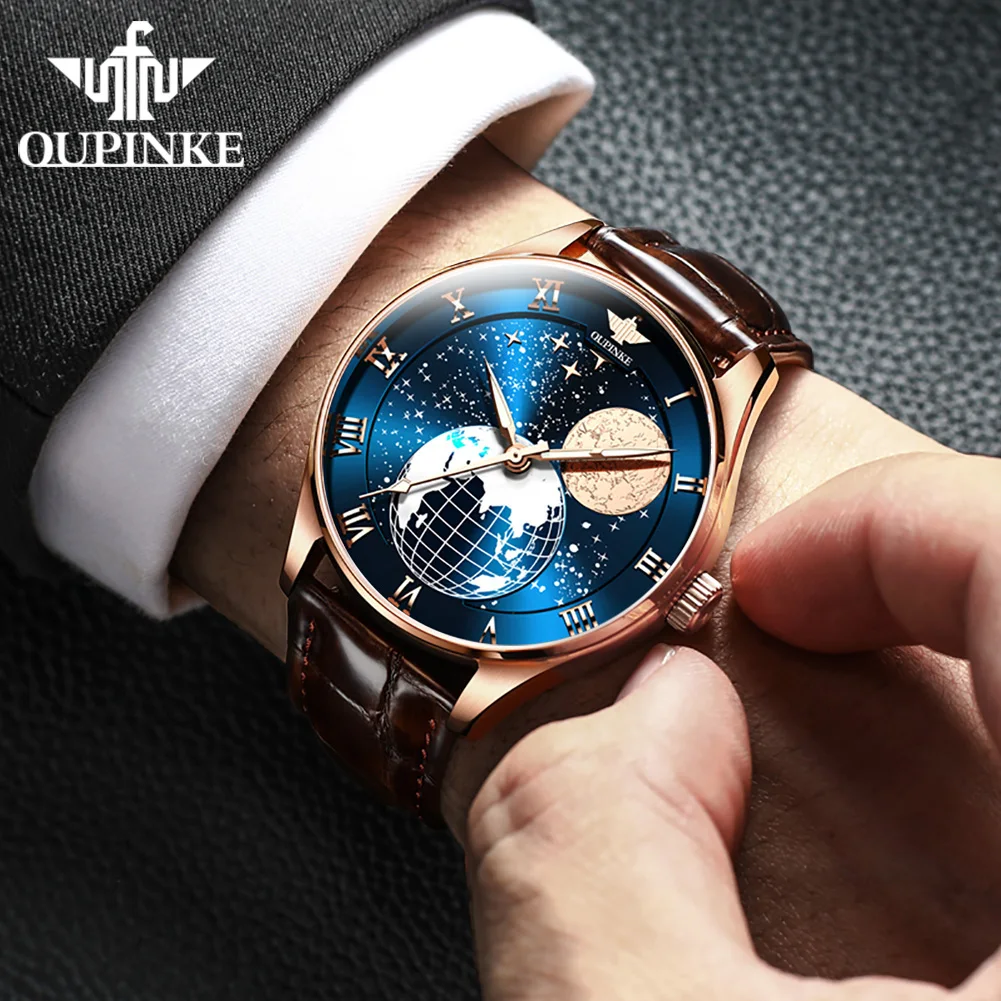 OUPINKE 3177 Luxury Men's Watches Comfortable Leather Strap Automatic Mechanical Watch for Man Starry Sky Earth Dial Sapphire 4