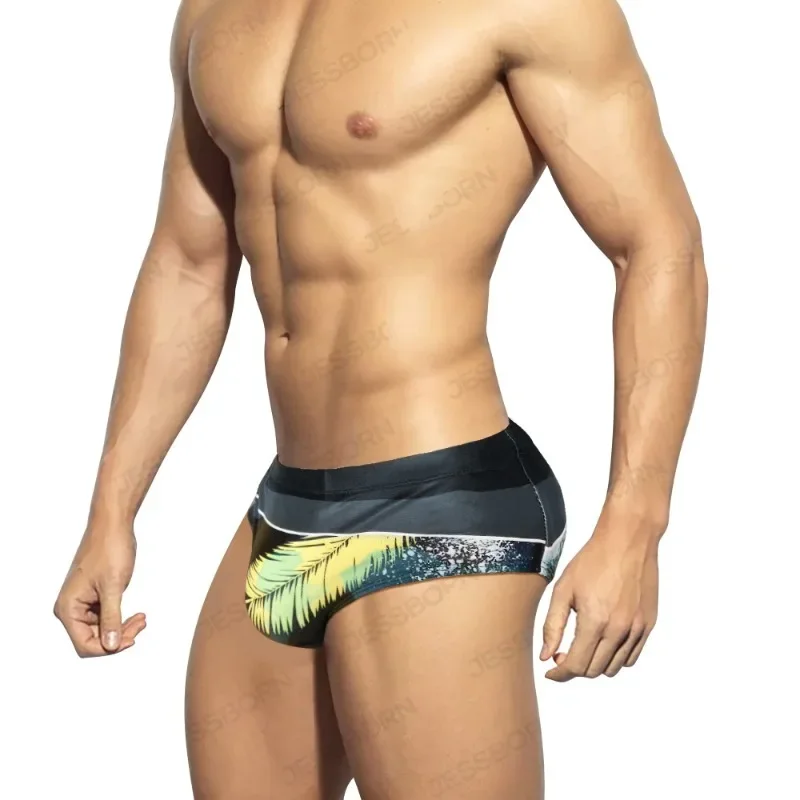 Summer Men Swimsuit Trend Leaf Print Swimming Trunks Mens Breathable Bathing Swimwear Man Push-Up Pad Surf Beach Shorts