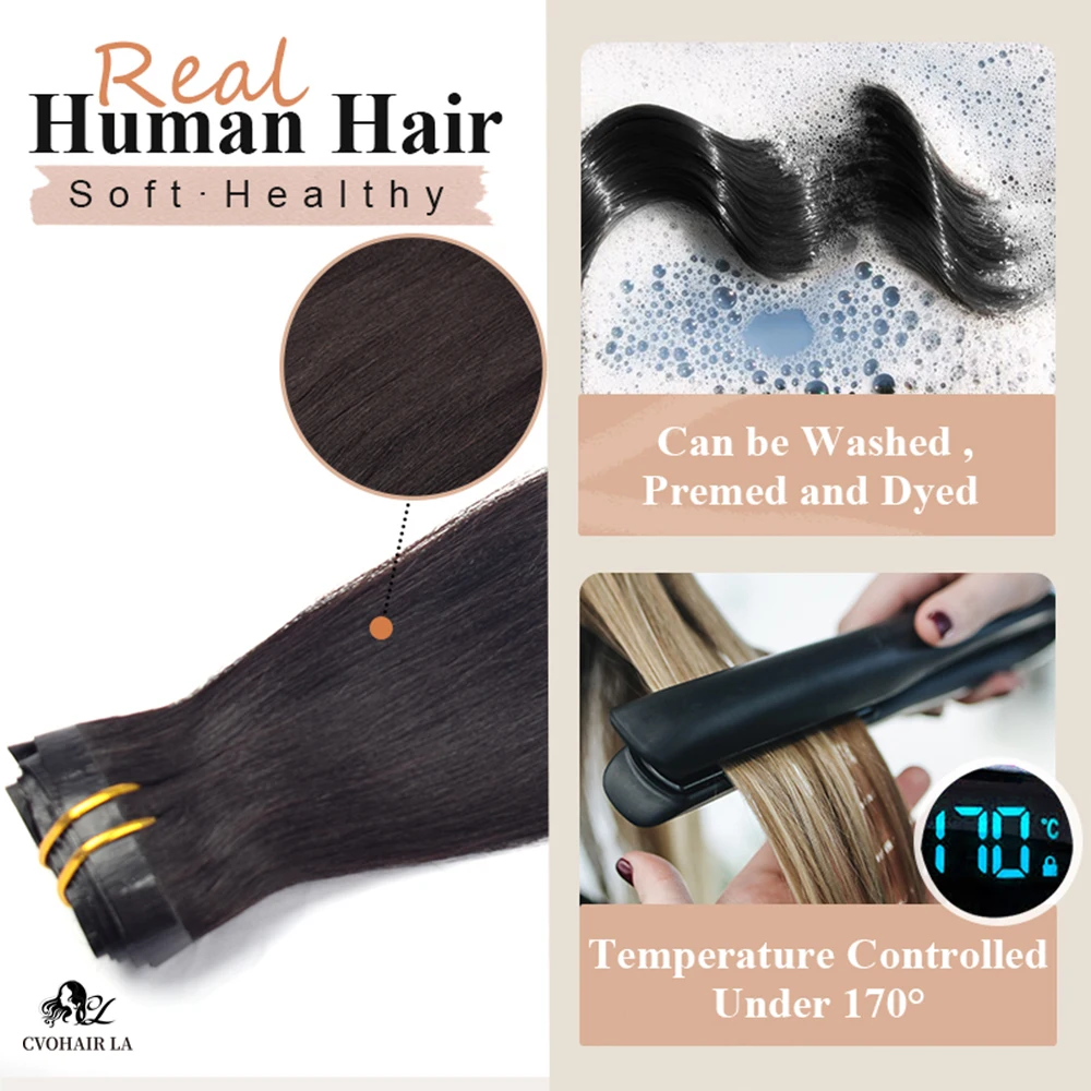 6PCS Afro Seamless Clip Ins Straight In Wome Hair PU Clip Full Head Black Human Hair Thin Invisible Extensions 100％ Human
