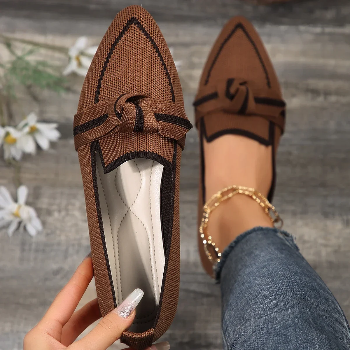 Women Shoes Flats Sneakers Knitted Slip Breathable Comfortable Solid Color Casual Pointed Toe Walking Loafers