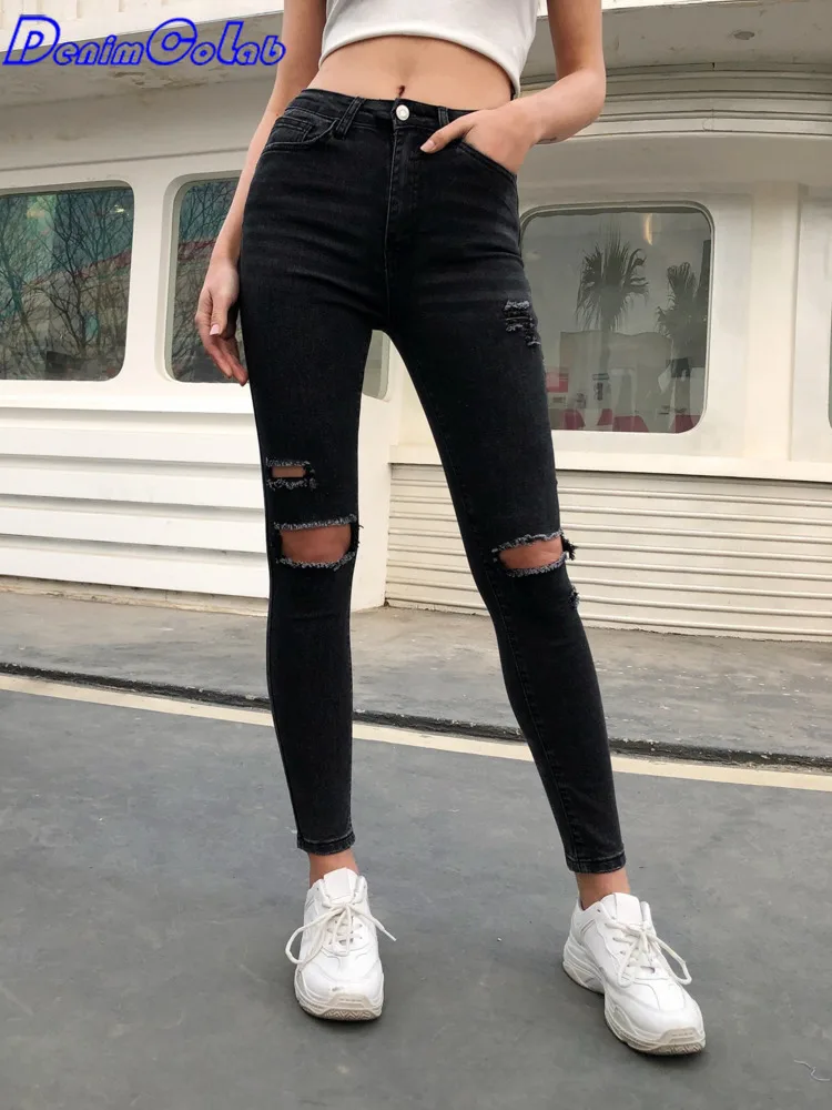 

DenimColab 2023 New Fashion Hole Wash Jeans Woman High Waist Black Elastic Pencil Pants Female Skinny Slim Streetwear Jeans
