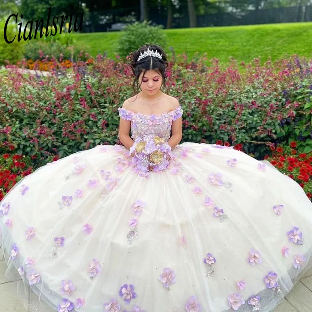 

Champagne Off-Shoulder Ball Gown Quinceanera Dresses Vestidos De 15 Anos Lace Glitter Skirt Princess Party Gowns