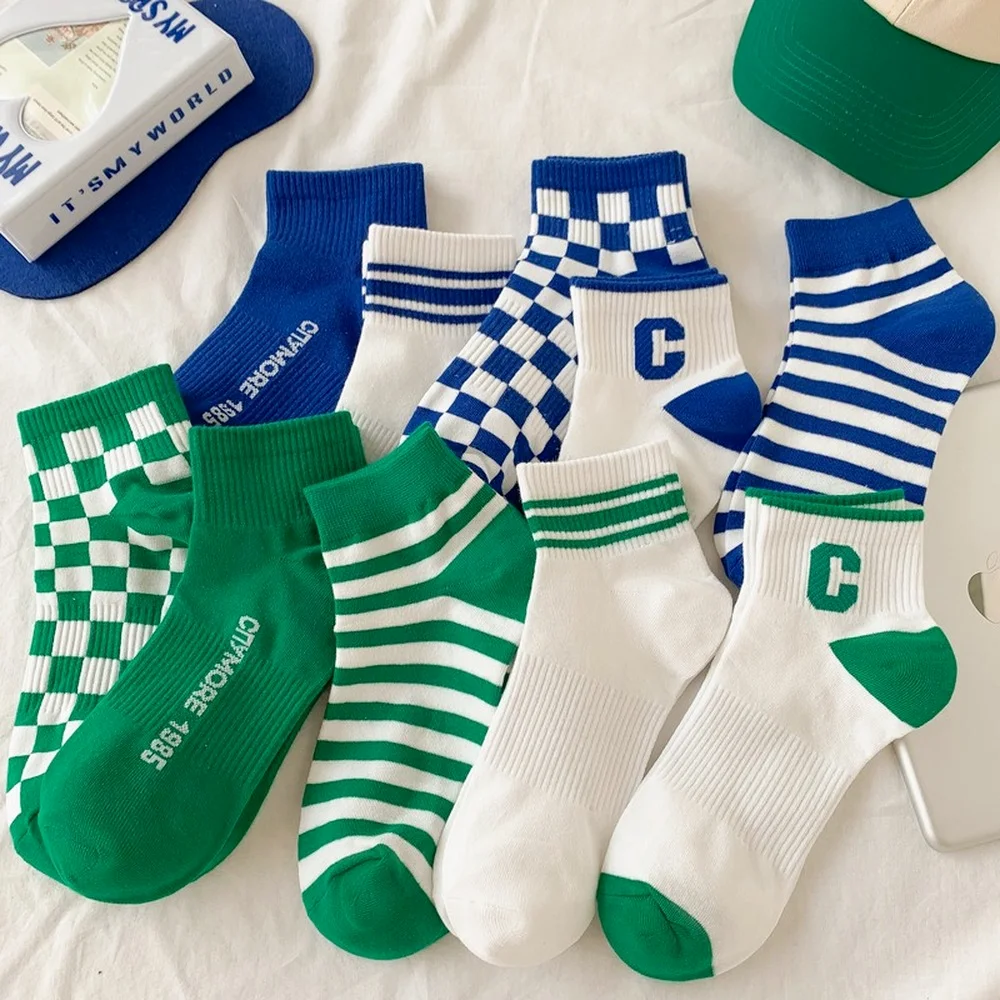 

Spring Summer Cotton Socks Woman Kawaii Korean Fashion Plaid Letter Printed Socks Girl's Short Socks Cute Funny Ankle Socks