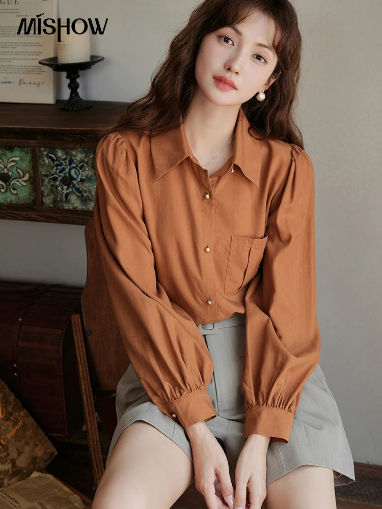 MISHOW [Rose Series] Retro Shirt for Women Autumn 2023 Pocket Tops Turn-down Collar Single Breasted Casual Shirts MXC41C0075 series 2 red rose