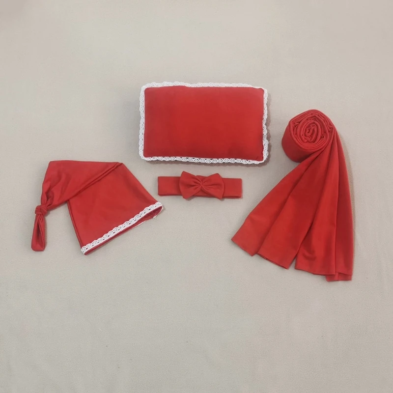 

Newborn Baby 4Pcs Photography Props Bowknot Headband Knotted Hat Swaddle Blanket Wrap Pillow Infant Outfits Costume 40JC