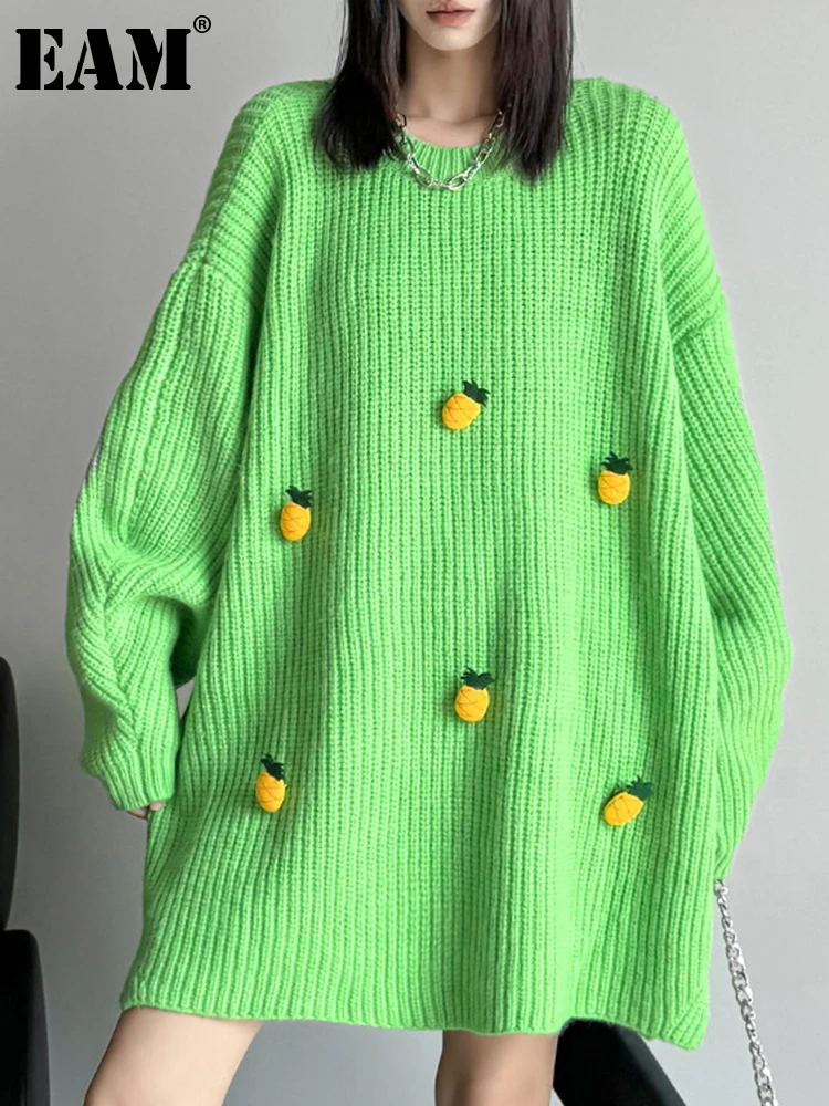 

[EAM] Green Big Size Long Knitting Sweater Round Neck Long Sleeve Women Pullovers New Fashion Tide Spring Autumn 2024 1DH2814