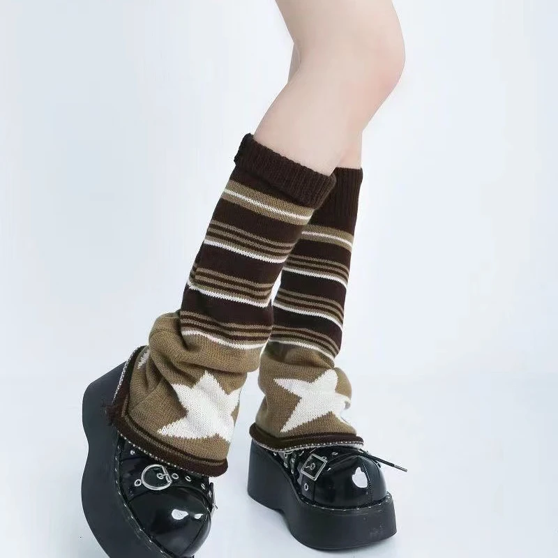 

Punk Brown Star Japanese JK Leg Warmers Y2K Gothic Knitted Socks Hot Girl Accessories In The Tube Calf Socks Boots Cover Socks