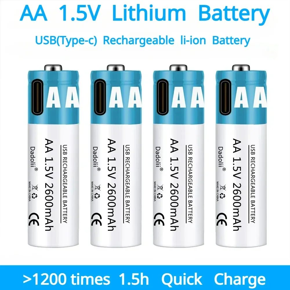 Rechargeable Lithium Batteries AA Battery 1.5V AA 2600mAh USB rechargeable li-ion for Remote Control Mouse Small Fan Electric Toy + Cable