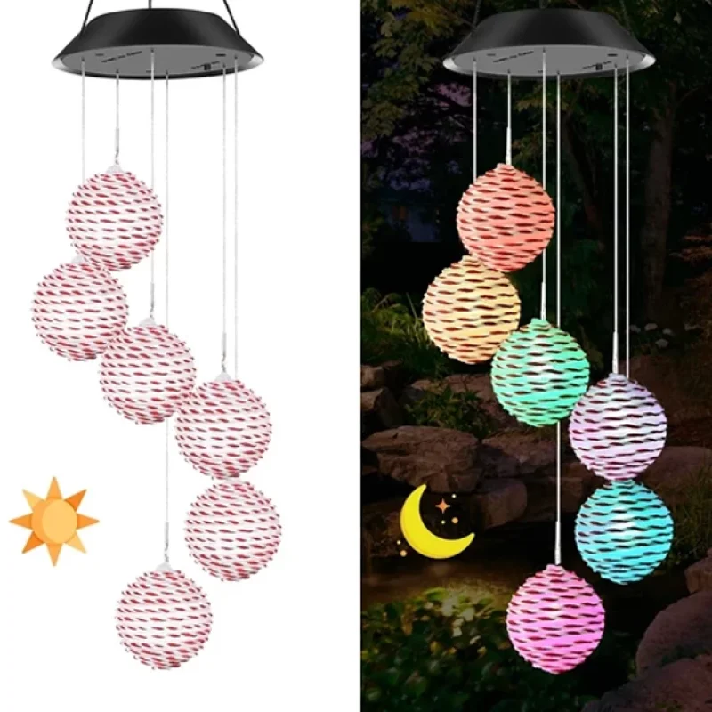 Unique Style Solar Color-Changing Spiral Knitting Wool Ball Decorative Wind Chime or Garden Landscape Pathway Festival Decor