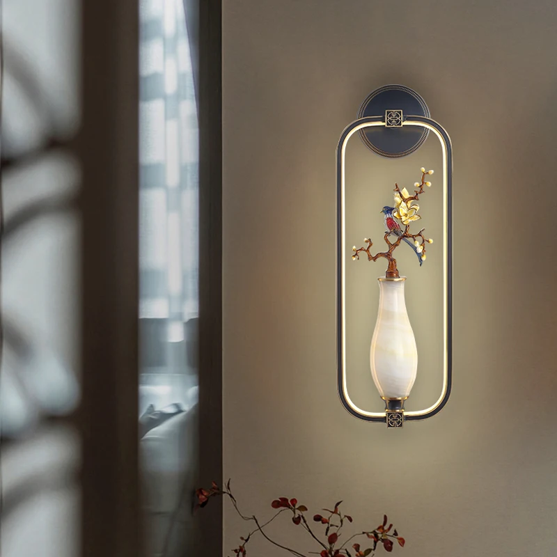 

corridor decoration living room Chinese style background wall all copper jade wall lamp