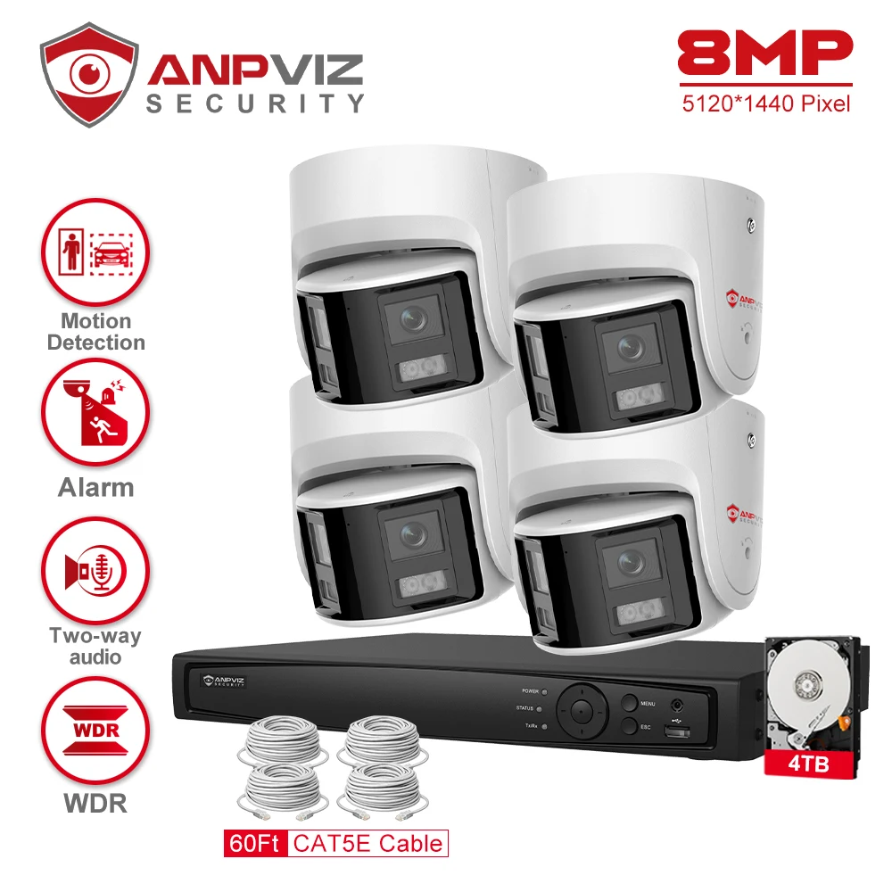 Anpviz 8CH 4K NVR 8MP Dual Lens POE Camera Ultra Wide Angel 180° Panoramic Camera Real Time System Kit AI Vehicle Detection IP67