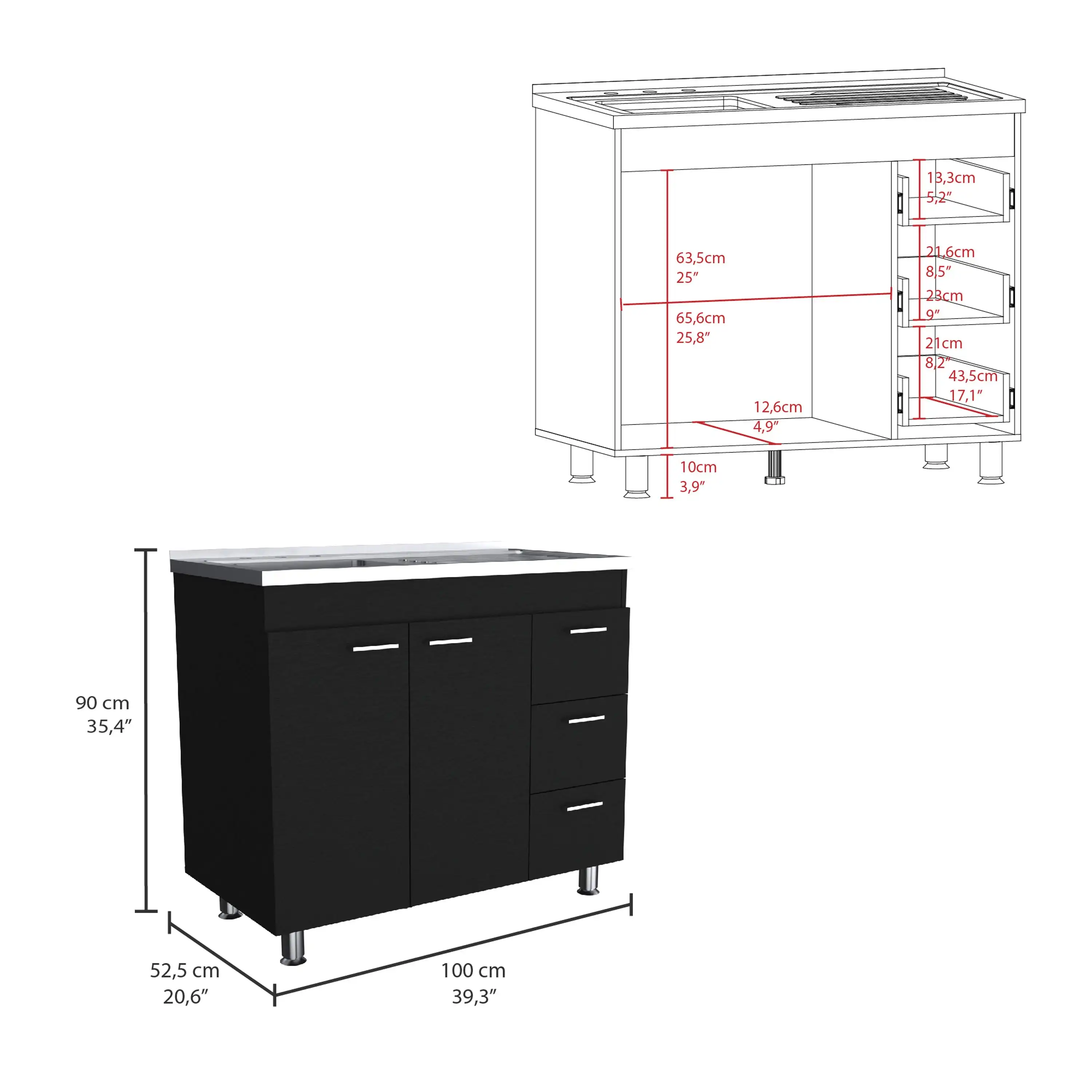Ferretti Utility Sink with Three Drawers and Double Door Cabinet Black 3