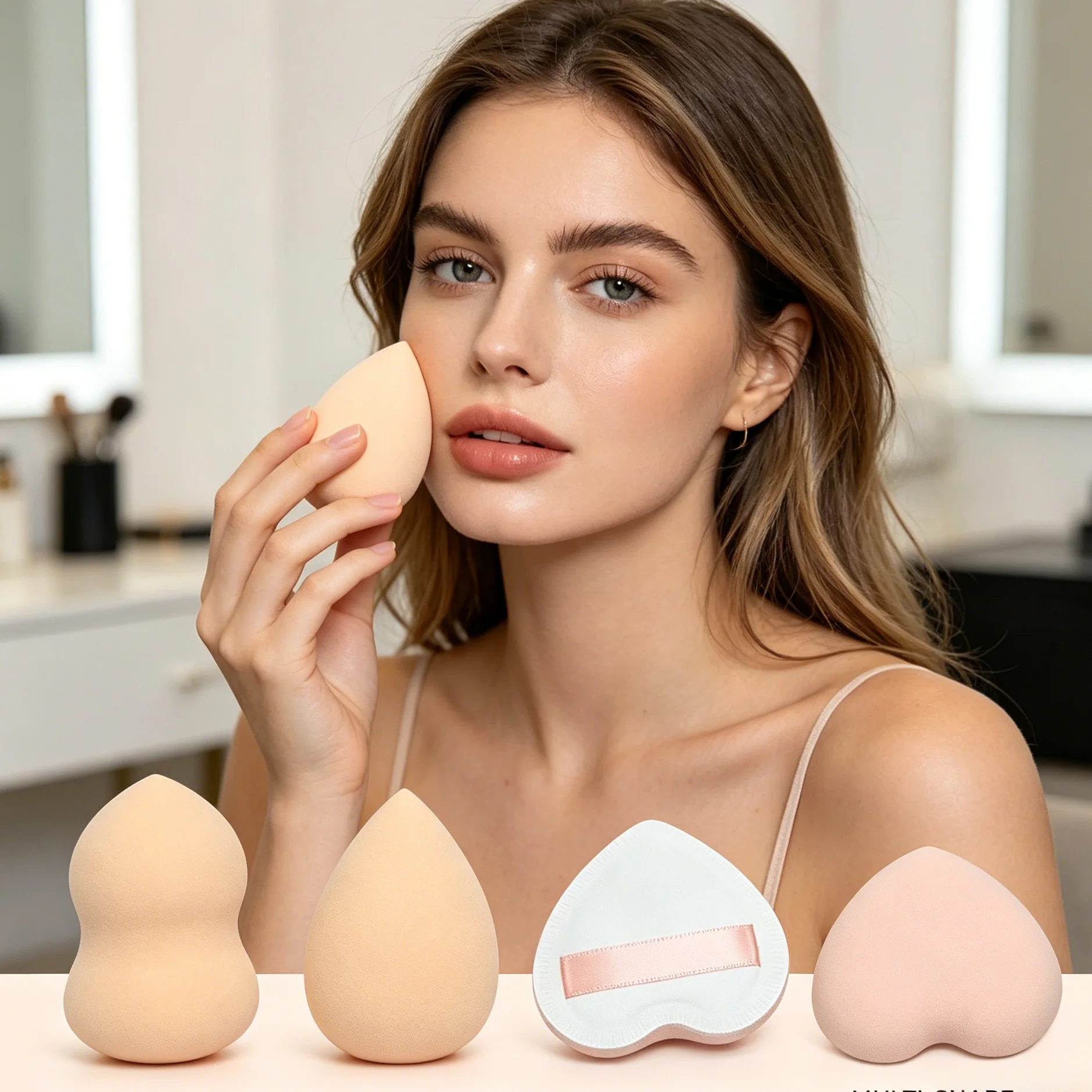 Un set da 4 pezzi di spugnette per il trucco multicolore e versatili, perfette sia per applicazioni a secco che a umido.