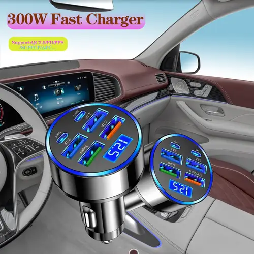 300W 6 Ports Car Charger Fast Charging PD/QC/SCP/FCP/AFC/PSS Car Cigarette Lighter Flash Charge with Digital Display - Image 5