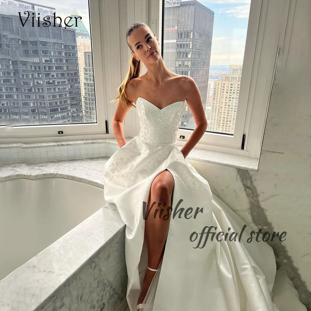 

Viisher Ivory Satin Wedding Dresses 3D Flower Sweetheart Beach Bridal Gowns with Slit Train 2023 Chic Bride Dress Lace Up Back