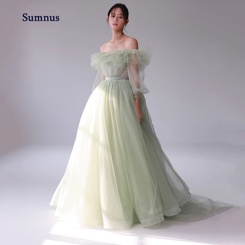 Sumnus 우아한 A 라인 얇은 명주 그물 이브닝 드레스, 끈이 없는 환상 슬리브, 무도회 원피스, 공식 행사, 꿈꾸는 파티 가운, 맞춤형 
