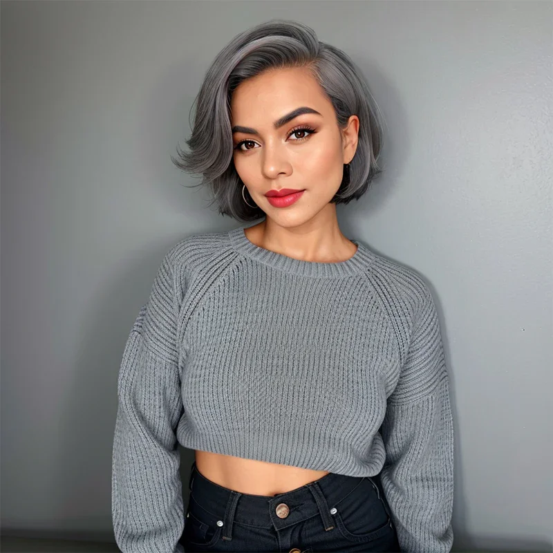 Melodie Salt And Pepper Short Pixie C Part Cut 5X5 Closure Brazilian Remy Hair Wig Human Hair