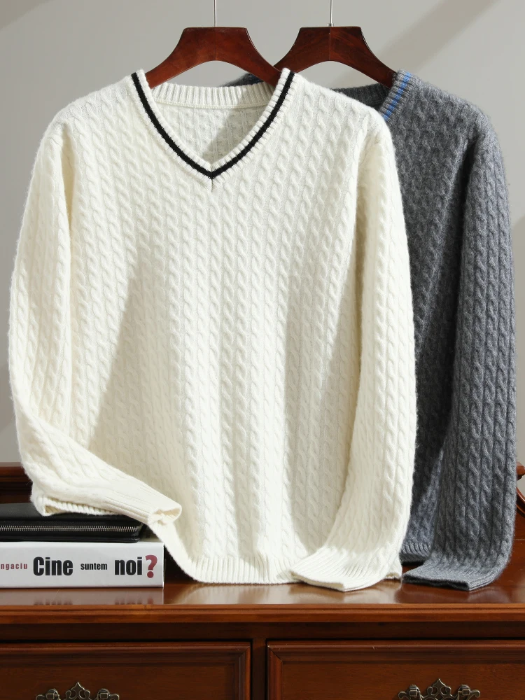ADDONEE High Quality Men's Cashmere Sweater V-neck Twist Flower Preppy Style Pullover 100% Cashmere Knitwear For Autumn Winter 3