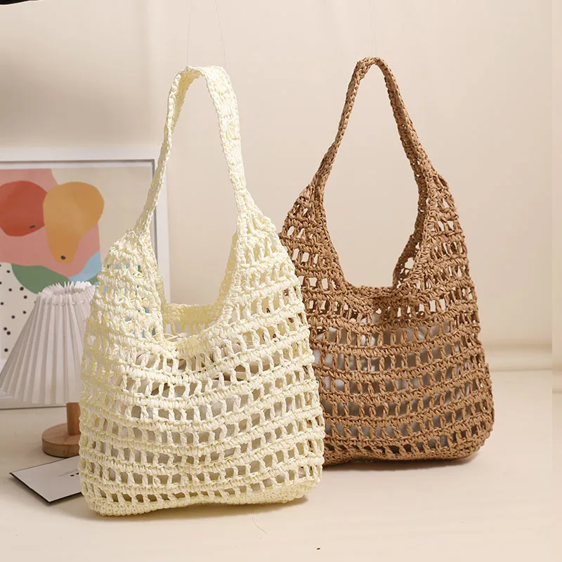 Bohemian Hollow Beach Bag Summer Knitting Rope Straw Bags for Women Handbags Travel Crochet Shoulder Bag Woven Shopper Tote New