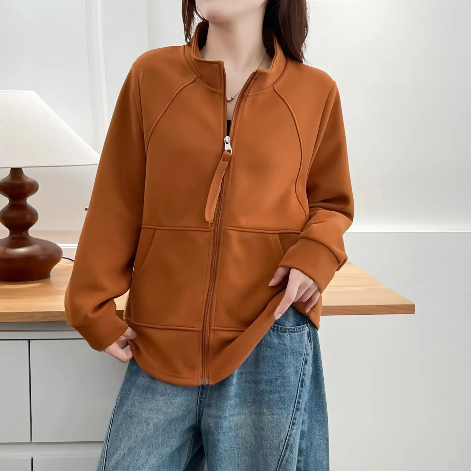 XXXXL Fashion Plus Size Women's Jacket Autumn New Style Simple stand-up Collar Long Sleeved Sweatshirt 8235