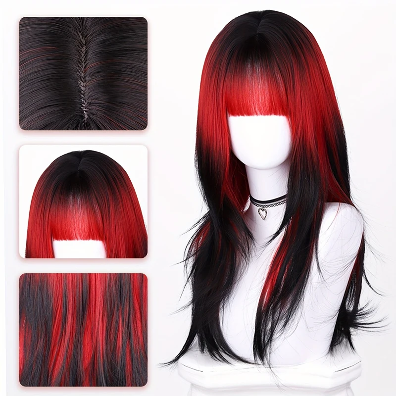 LUPU 24inch Cosplay Wigs Synthetic Straight Black to Red Gradient Long Hair Wig Women's Halloween Costumes Heat Resisitant Fiber