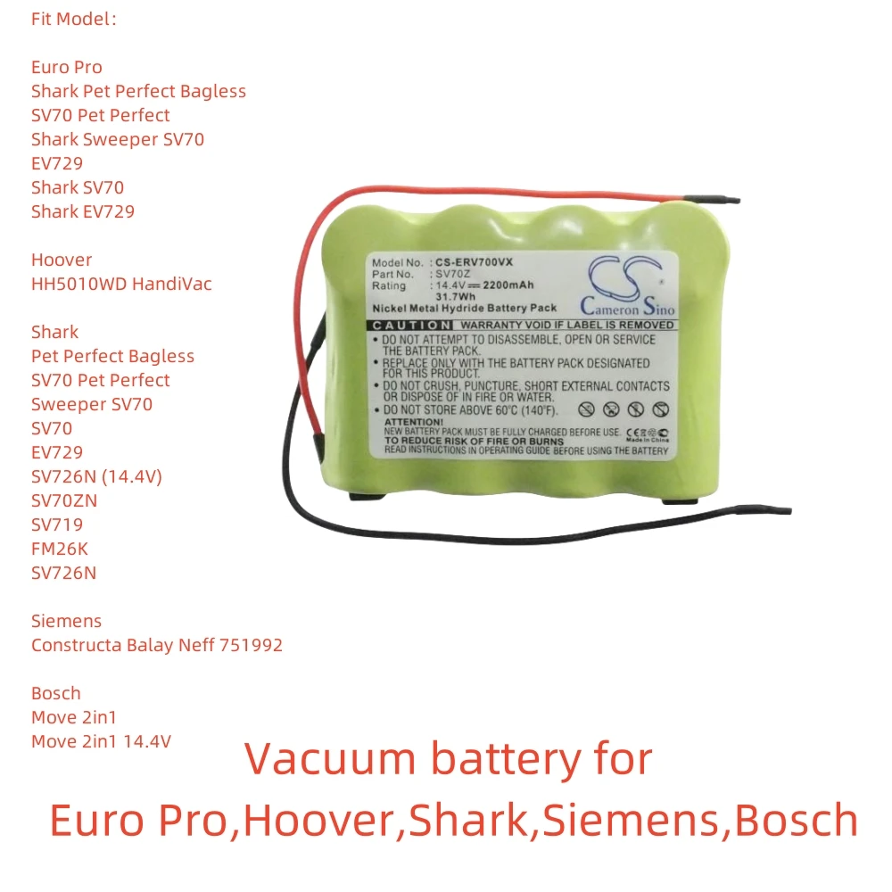 

Ni-MH Vacuum battery for Hoover,14.4v,2200mAh,Shark Sweeper SV70 EV729 HH5010WD HandiVac Constructa Balay Neff 751992 Move 2in1