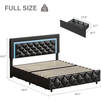 Full Size Bed Frame w LED Lights, Upholstered Bed Frame with 4 Storage Drawers,Platform Bed with Diamond Headboard and Footboard 2