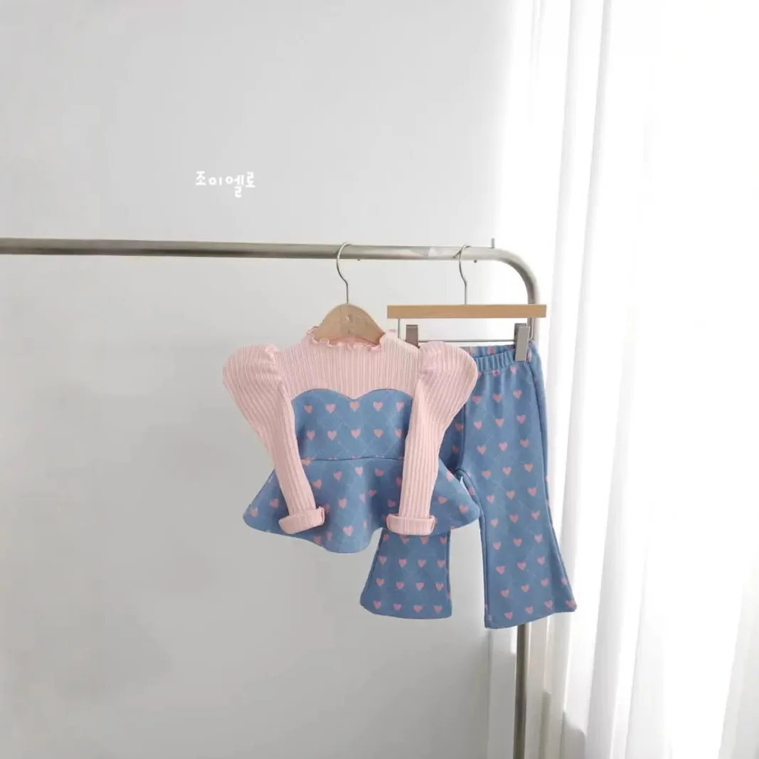  캐주얼 스포츠 의류 세트, 여아용 귀여운 퍼프 소매 상의 및 플레어 팬츠, 세트  의상, 2025 용수철, 2 개